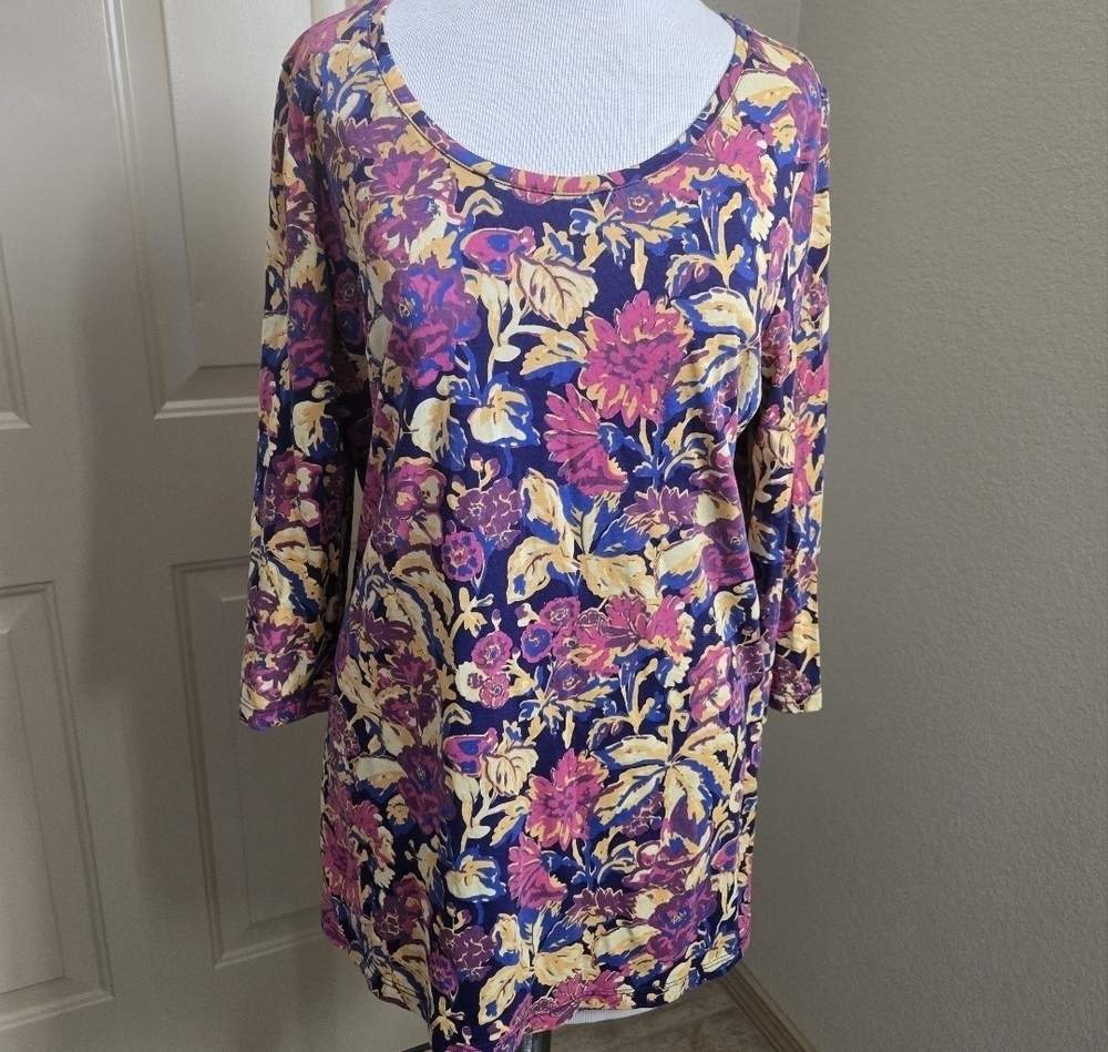 Peruvian Connection Floral Crew Neck half sleeve cotton tunic M